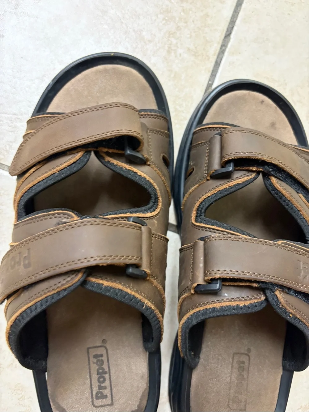 Propet Brown Men's Leather Double-Strap Slide Sandals